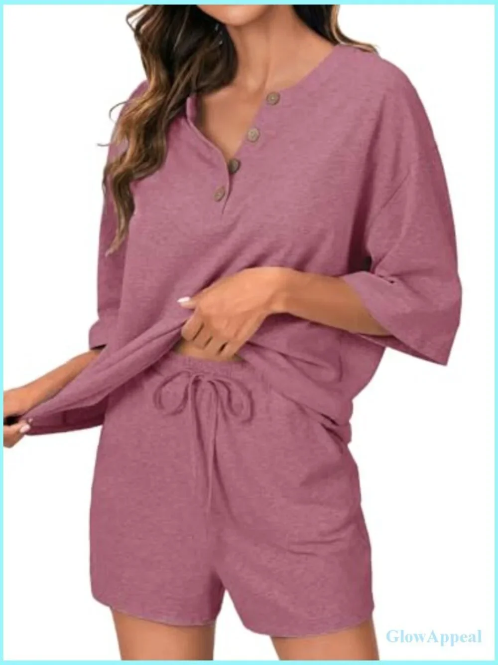 Women's 3/4 Sleeve Button Down Pajama Set with Shorts and Pockets
